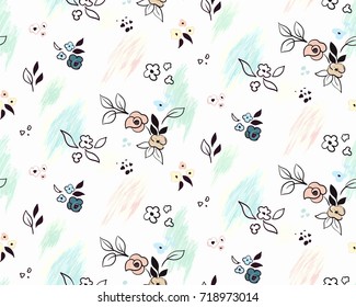 Floral pattern with small flowers and coloring spots. For cloth, print, wallpaper, fabric, packaging. Gaj and bright vector seamless