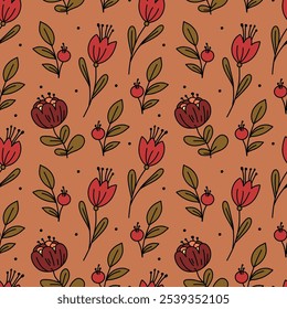 Padrão floral de pequenas flores e folhas para o tecido. Fundo sem costura com um padrão boêmio na forma de pequenos desenhos de botânica.