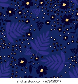 Floral pattern. Small flowers, leaves, branches on a dark blue background.