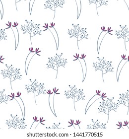 Floral pattern of small flowers in the style of the doodle. pattern for printing on fabric, on postcards, for use in design. Pink peancock. Violet.Vector.