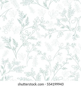 Floral pattern of small leaves outlines and plants. The style of sketch drawing Green on white color Vector seamless pattern scrapbooking idea Shabby Chic