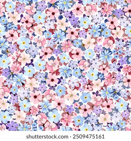 Floral pattern with small pink, blue, and purple flowers. Seamless floral print. Vector illustration. Hand-drawn illustration, not AI