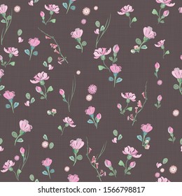 Floral pattern with small pink flowers and buds on a burgundy background with texture. Seamless vector with cute botanical elements arranged randomly. For textile, wallpaper, tile.