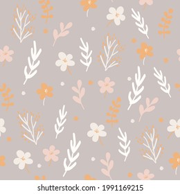 Floral pattern of small plants and flowers on grey background. Endless Background. Perfect for cotton fabric, background, wallpaper