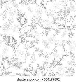 Floral pattern of small plants and leaves. Simple background. The contours of the flowers Black on white color Vector seamless patter scrapbooking idea Shabby Chic 