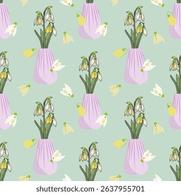Floral pattern with snowdrops and vases