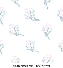 Floral pattern with soft color protea. Seamless background for fabric design. Cute and beautiful watercolor vector illustration on white backdrop.