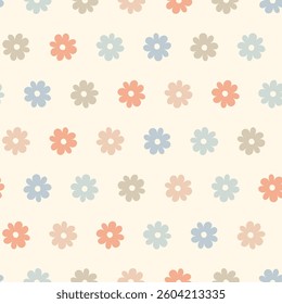 Floral pattern with soft pastel daisies in seamless grid. Cute minimal flower background. Ideal for vintage Design, fabric print, organic packaging, stationery