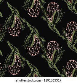 Floral pattern with soft pastel vintage color protea. Seamless background for fabric design. Cute and beautiful watercolor vector illustration on black backdrop.