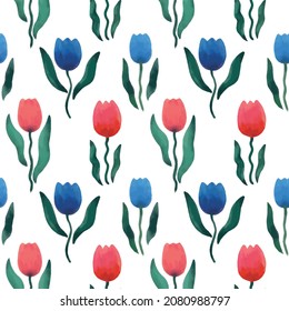 Floral pattern with spring flowers tulips. Watercolor vector illustration