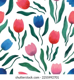 Floral pattern with spring flowers tulips. Watercolor illustration