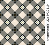 Floral pattern for spring summer in black, yellow, beige. Seamless abstract geometric gingham vichy tartan check plaid with daisy flowers for spring summer dress, tablecloth, other textile print.