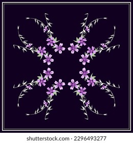 Floral pattern in a square. Scarf, hijab, tablecloth on a dark blue background ornament with small lilac-pink inflorescences, meadow flowers. Vector symmetrical pattern.