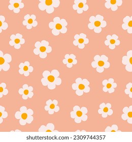 Floral pattern in the style of the 70s with daisy flowers. Retro floral naive vector design. 