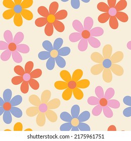 Floral pattern in the style of the 70s with groovy daisy flowers. Retro floral naive vector design. Style of the 60s, 70s, 80s