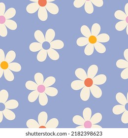 Floral pattern in the style of the 70s with groovy daisy flowers. Retro floral vector design. Style of the 60s, 70s, 80s