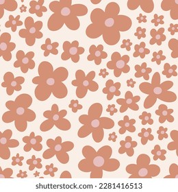 Floral pattern in the style of the 70s with groovy daisy flowers. Retro floral naive vector design. Style of the 60s, 70s, 80s