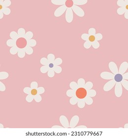 Floral pattern in the style of the 70s with groovy daisy flowers. Retro floral naive vector design. Style of the 60s, 70s, 80s