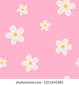 Floral pattern in the style of the 70s with groovy daisy flowers. Retro floral naive vector design. Style of the 60s, 70s, 80s