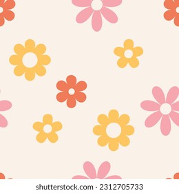 Floral pattern in the style of the 70s with groovy daisy flowers. Retro floral naive vector design. Style of the 60s, 70s, 80s