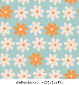 Floral pattern in the style of the 70s with groovy daisy flowers. Retro floral naive vector design. Style of the 60s, 70s, 80s