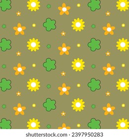Floral pattern in the style of the 70s with groovy daisy flowers. Retro floral vector design. Style of the 60s, 70s, 80s. pattern for wrapping paper, fabrics, kids clothes print. 