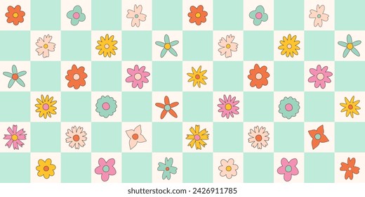 Floral pattern in the style of the 70s with groovy daisy flowers. Retro floral naive vector design. Style of the 60s, 70s, 80s