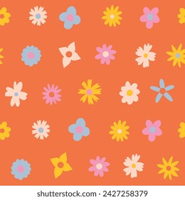 Floral pattern in the style of the 70s with groovy daisy flowers. Retro floral naive vector design. Style of the 60s, 70s, 80s