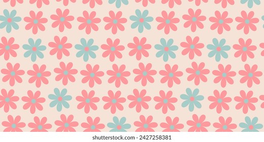 Floral pattern in the style of the 70s with groovy daisy flowers. Retro floral naive vector design. Style of the 60s, 70s, 80s