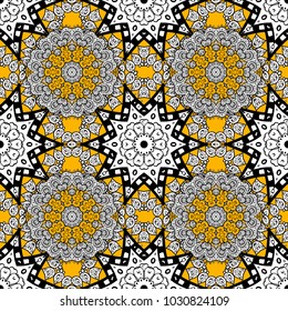 Floral pattern. Stylish graphic pattern. Golden elements on yellow background. Seamless vector background. Wallpaper baroque, damask.