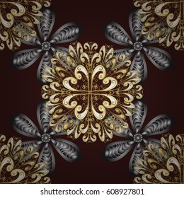 Floral pattern. Stylish graphic pattern. Golden elements on brown background. Seamless vector background. Wallpaper baroque, damask.
