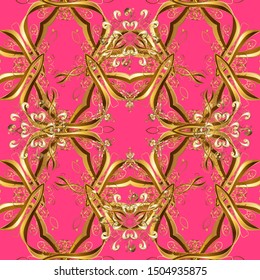 Floral pattern. Stylish graphic pattern. Seamless vector background. Wallpaper baroque, damask. Golden elements on brown and pink colors.