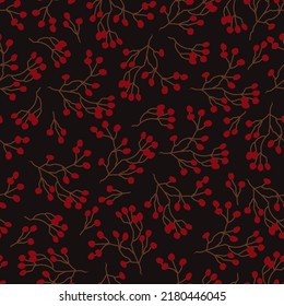 Floral pattern with stylized branches of red berries on a dark background. 
Suitable for printing on fabric, textile, wrapping paper, decorative wallpaper, packaging.