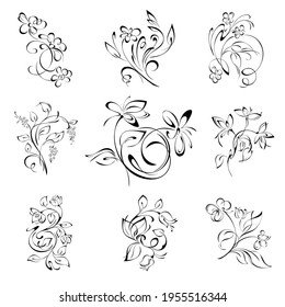 floral pattern of stylized flowers on stems with leaves and curls in black lines on a white background. SET