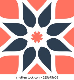 Floral pattern: stylized geometric illustration with intricate design resembling blooming flower or stellar arrangement, showcasing symmetrical composition of eight elongated petal-like shapes radiating outward from central star-like element. Dominant deep navy blue contrasts against soft coral background, creating vibrant yet balanced visual appeal that evokes harmony and tranquility. Clean lines and bold shapes demonstrate modern aesthetic, enhancing decorative quality through structured layout promoting order and symmetry. This versatile artwork suits multiple applications including home decor, textile creation, wallpaper patterns, and branding materials for interior design, fashion, and lifestyle industries. Simplicity combined with striking nature provides adaptability for both digital and print formats, ideal for promotional graphics or artistic projects. Color interplay and detailed ornamentation make this piece suitable for embellishing various surfaces and products.