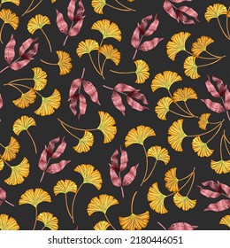 Floral pattern with stylized ginkgo leaves on a dark background.Suitable for printing on fabric, textile, wrapping paper, decorative wallpaper, packaging.