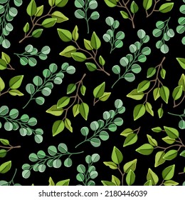 Floral pattern with stylized leaves on a dark background.Suitable for printing on fabric, textile, wrapping paper, decorative wallpaper, packaging.