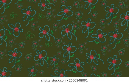  padrão floral com flores estilizadas e minimalistas. O fundo é verde-oliva, proporcionando um tom natural e terroso.
