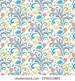 floral pattern with stylized ornamental foliage and seamless garden inspired blossoms for wallpaper and prints
