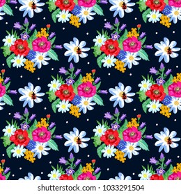 The floral pattern of the summer meadow flowers. Bells, poppies, cornflowers, daisies, mustard. For textiles, fabric, paper, background, shawls.Under olden time/