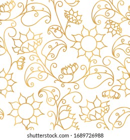  Patrón floral. Girasoles. Esquema de oro de patrón sin inconvenientes sobre un fondo blanco