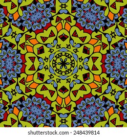 Floral pattern: symmetrical abstract design features harmonious blend of shapes and colours, creating striking visual impact with vibrant motifs. This ornamental composition includes intricate elements like hearts, stars, and petals radiating from central circular focal point. Bold colour palette combines neon greens and oranges that contrast beautifully with cooler blues and vivid reds. Interplay of hues evokes energy and creativity suitable for artistic applications like branding and creative projects. Balanced composition draws gaze toward centre while repeating elements create depth and textural interest. Contemporary aesthetic works well for modern art trends and lively product designs requiring dynamic graphic style.