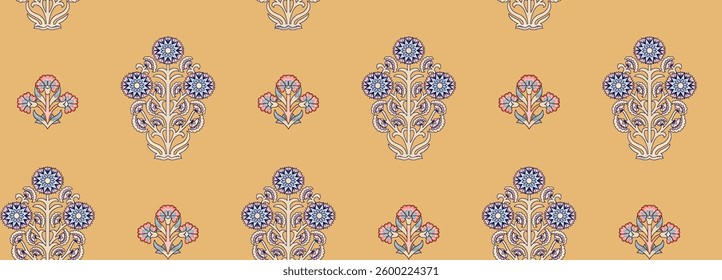 Floral pattern with symmetrical motifs on a tan background, for textile, wallpaper, gift wrapping.
