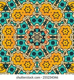Floral pattern: symmetrical vector illustration showcasing intricate arrangement of star and blossom motifs in harmonious composition that draws viewer's gaze toward central focal point. Bold colour palette features deep turquoise, bright orange, and soft peach hues against warm yellow foundation, creating lively visual experience with dynamic energy. Each section merges seamlessly into adjacent shapes, emphasizing unity while maintaining contrast within vibrant scheme. This ornamental artwork embodies playfulness and creativity, perfect for various commercial applications including home decor, wallpaper, and textile projects. Meticulous detailing and craftsmanship are evident throughout balanced design that showcases hand-drawn quality and artistic aesthetic. Versatile graphic element suits modern design endeavors, craft initiatives, and decorative purposes with its whimsical appeal.