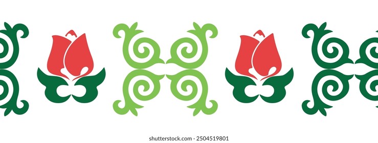 Floral pattern Tatar Native Ornamental border with tulips. Culture of the Tatar people, symbols of green and red