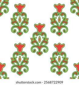 Floral pattern Tatar Native Ornamental border with tulips. Culture of the Tatar people, symbols of green and red.