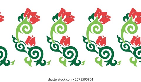 Floral pattern Tatar Native Ornamental border with tulips. Culture of the Tatar people, symbols of green and red.