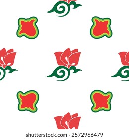 Floral pattern Tatar Native Ornamental border with tulips. Culture of the Tatar people, symbols of green and red.