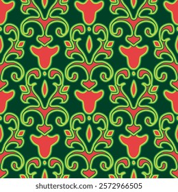 Floral pattern Tatar Native Ornamental border with tulips. Culture of the Tatar people, symbols of green and red.
