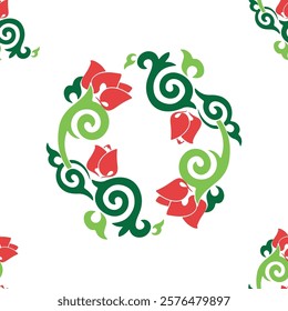 Floral pattern Tatar Native Ornamental border with tulips. Culture of the Tatar people, symbols of green and red.